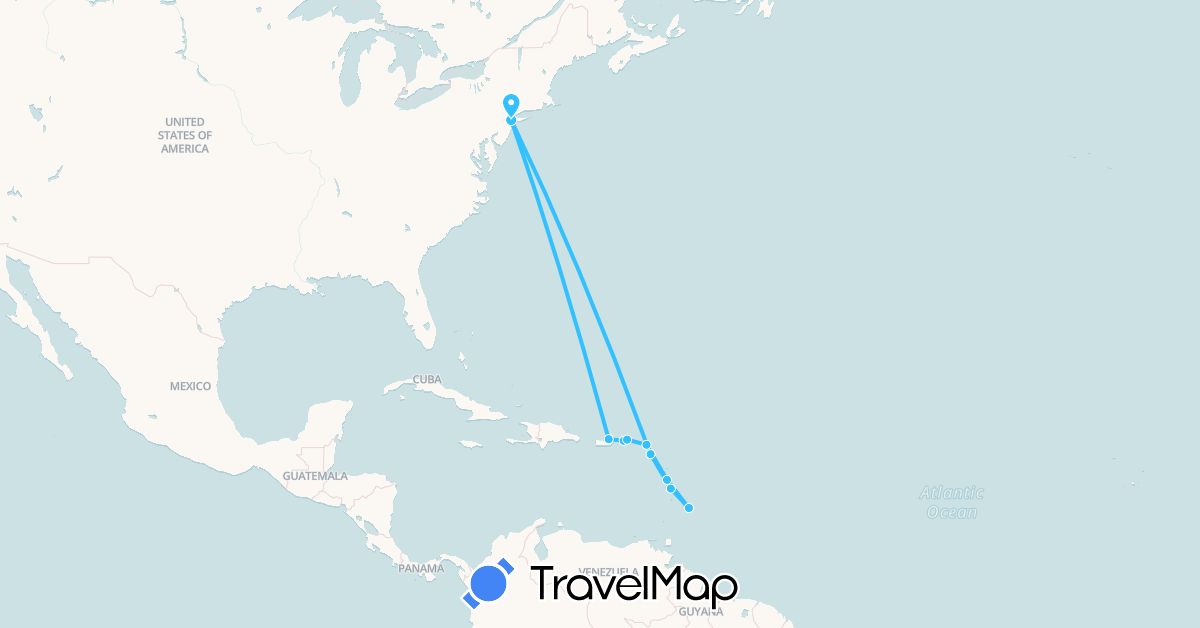 TravelMap itinerary: driving, boat in Barbados, Dominica, Saint Kitts and Nevis, Martinique, Netherlands, Puerto Rico, United States, British Virgin Islands, U.S. Virgin Islands (Europe, North America)